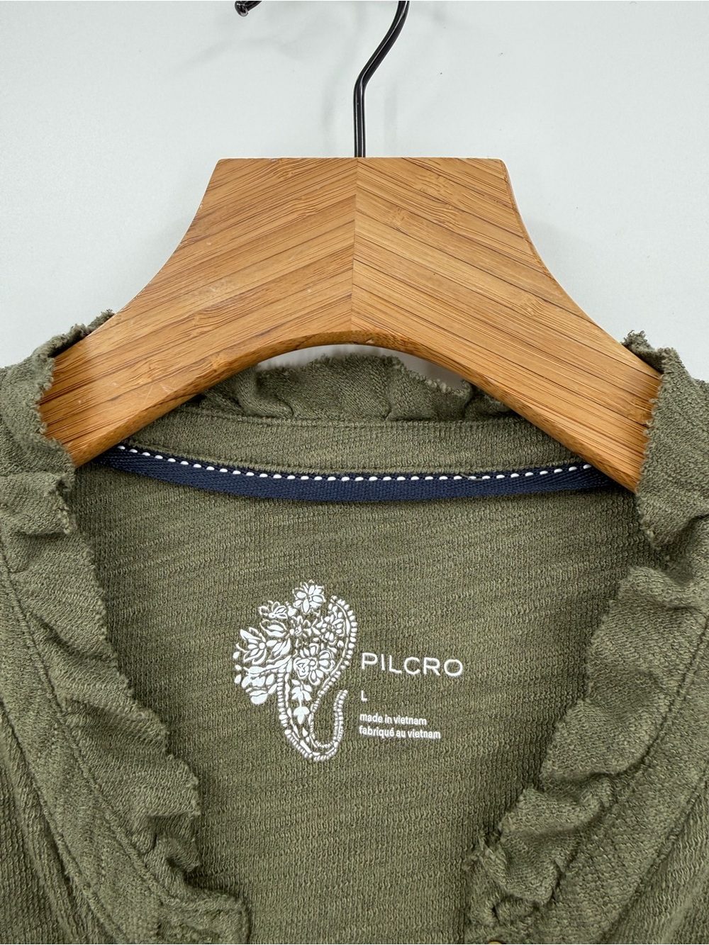 Anthropologie Pilcro Ruffle-Shoulder Henley Top in Olive Green Size L - Picture 6 of 13